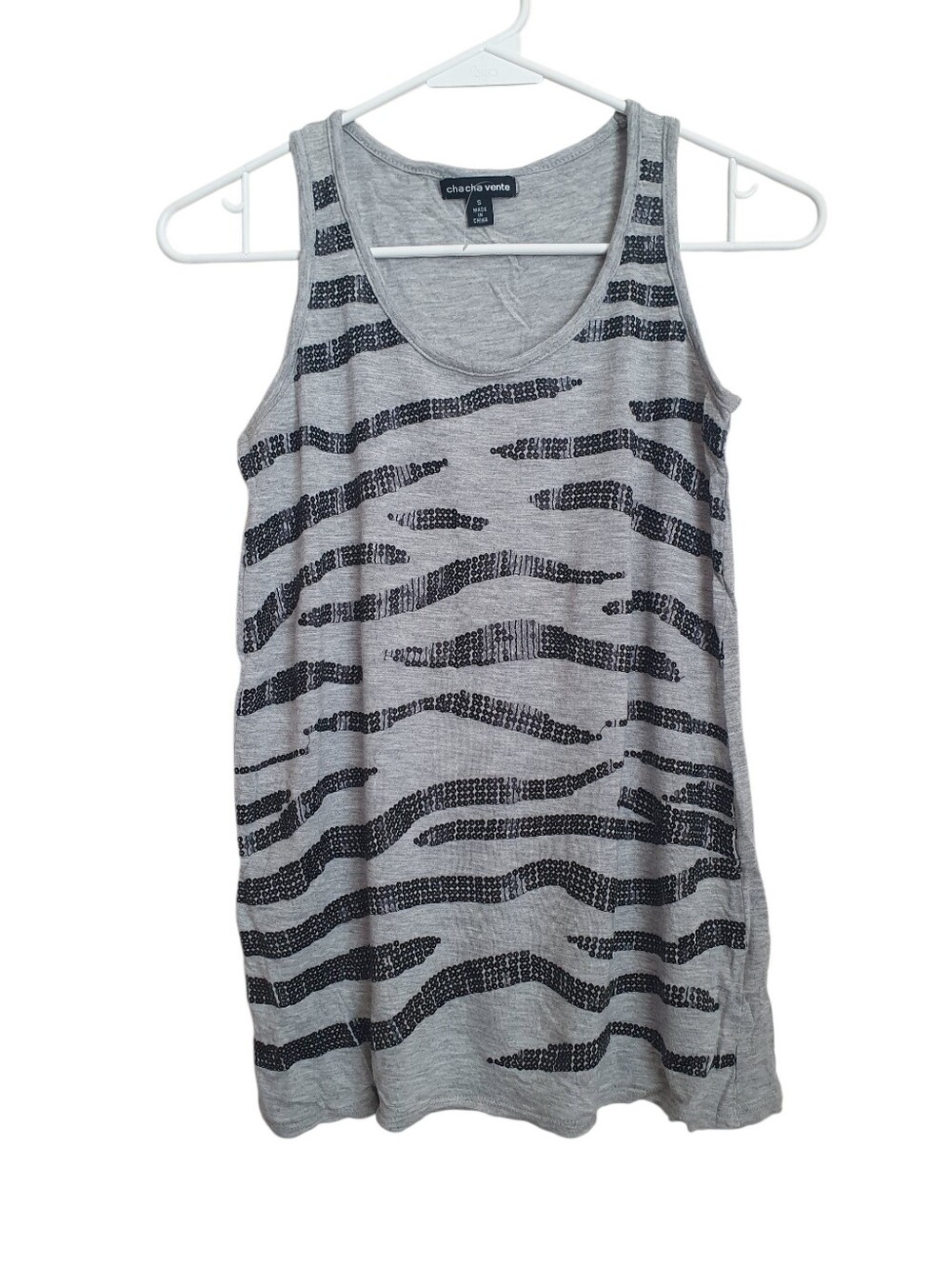 Cha Cha Vente Gray Black Zebra Sequin Tank Top Small Sleeveless
